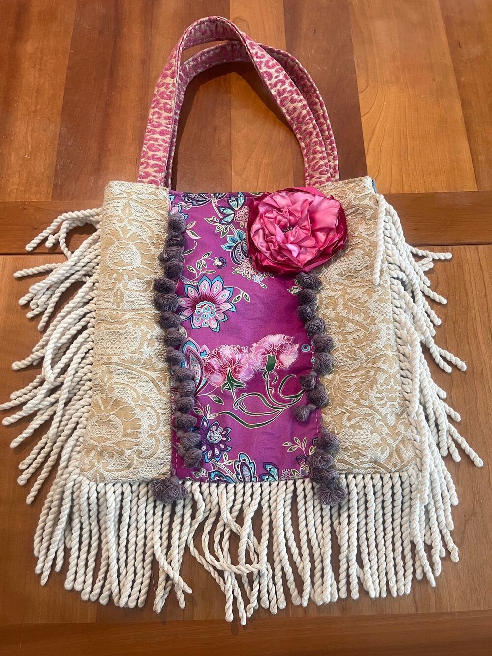 Keep It Gypsy Boho Handmade Fringe Tote Bag Pink Floral Rope Fringe Shoulder Bag